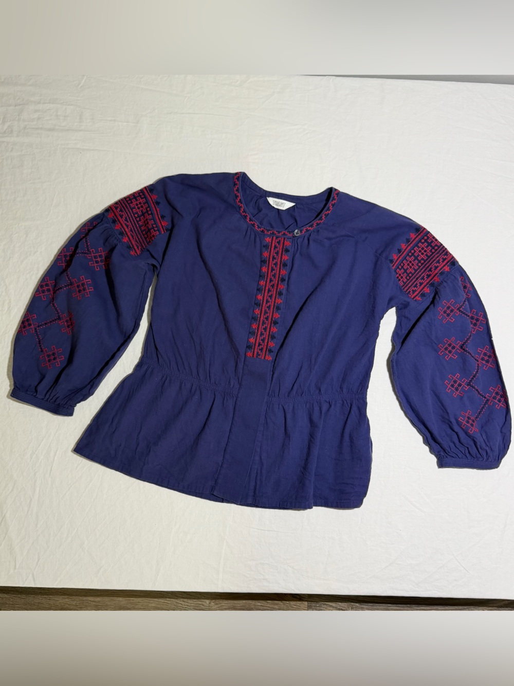 Navy Embroidered Peasant Tunic with Red Accents